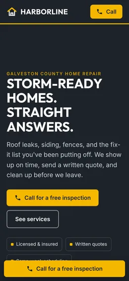 Harborline Home Repair sample site, phone view