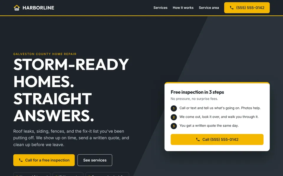 Harborline Home Repair sample site, desktop view