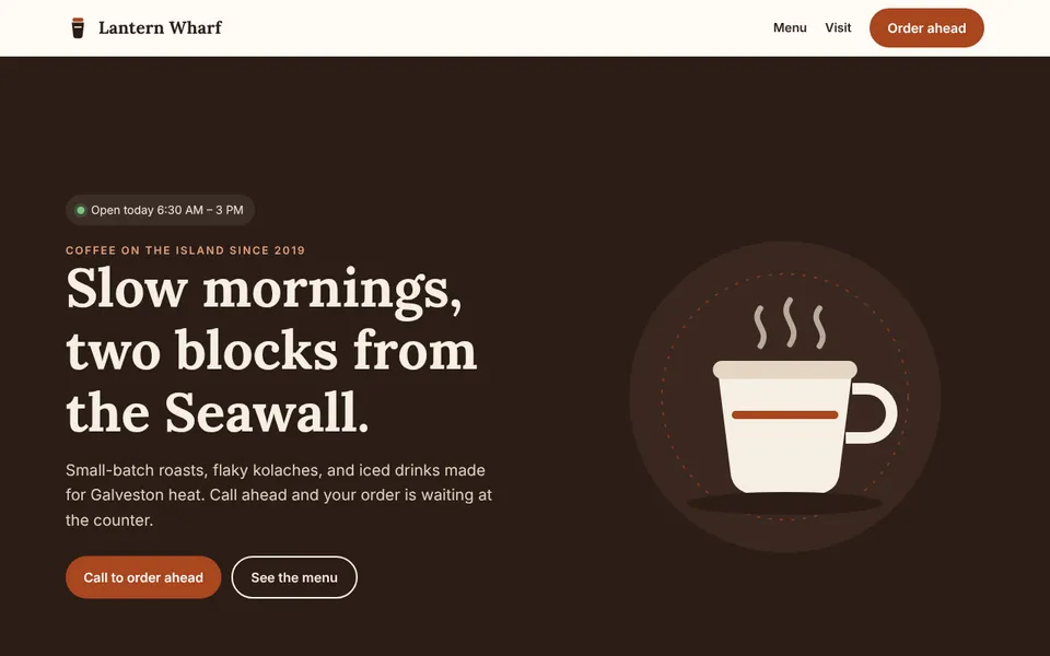 Lantern Wharf Coffee sample site, desktop view